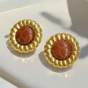 Vintage Earrings Large Goldtone Post with Burnt Orange Faux Leather Center